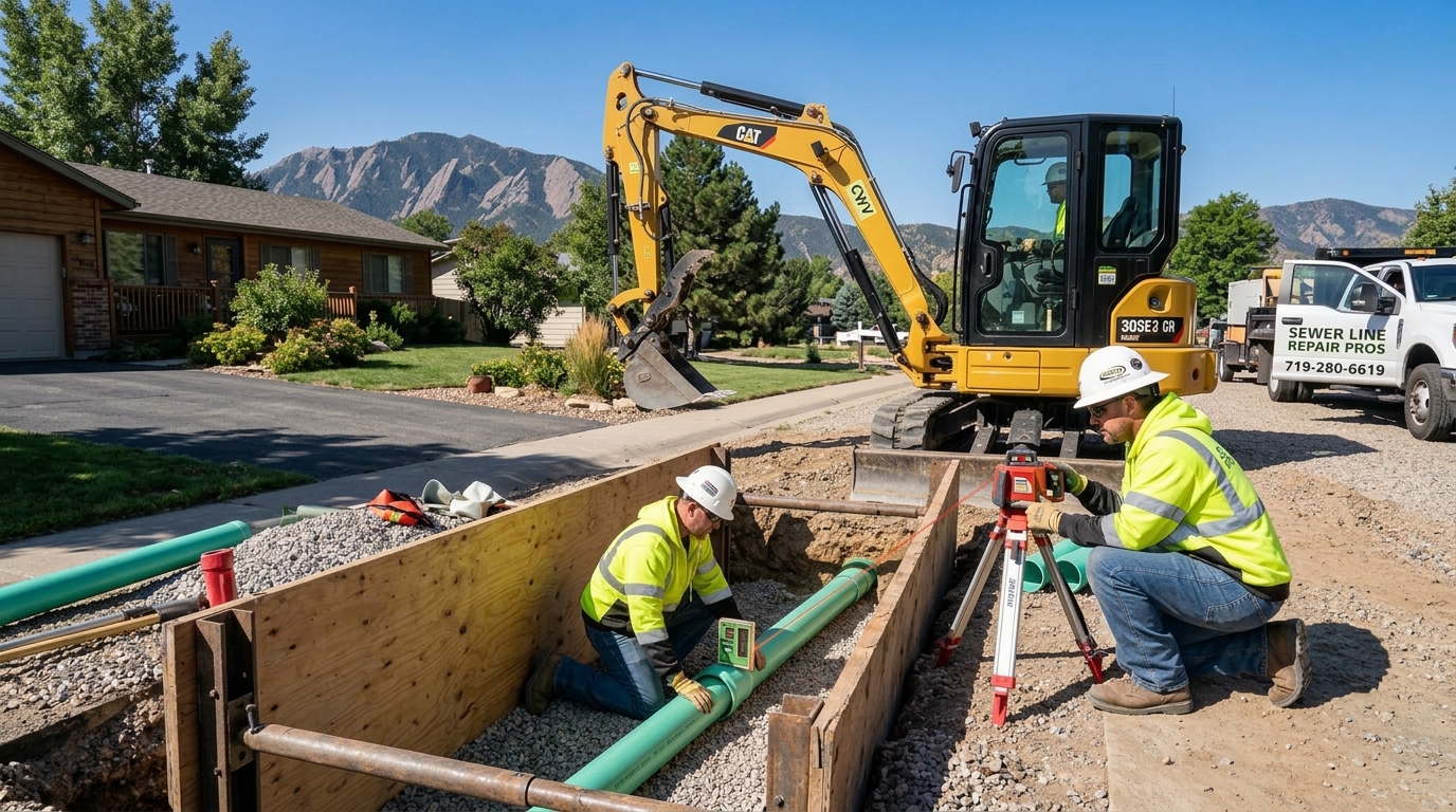Civil utility crew using laser grading and excavator to lay SDR-35 PVC sewer pipe in Colorado